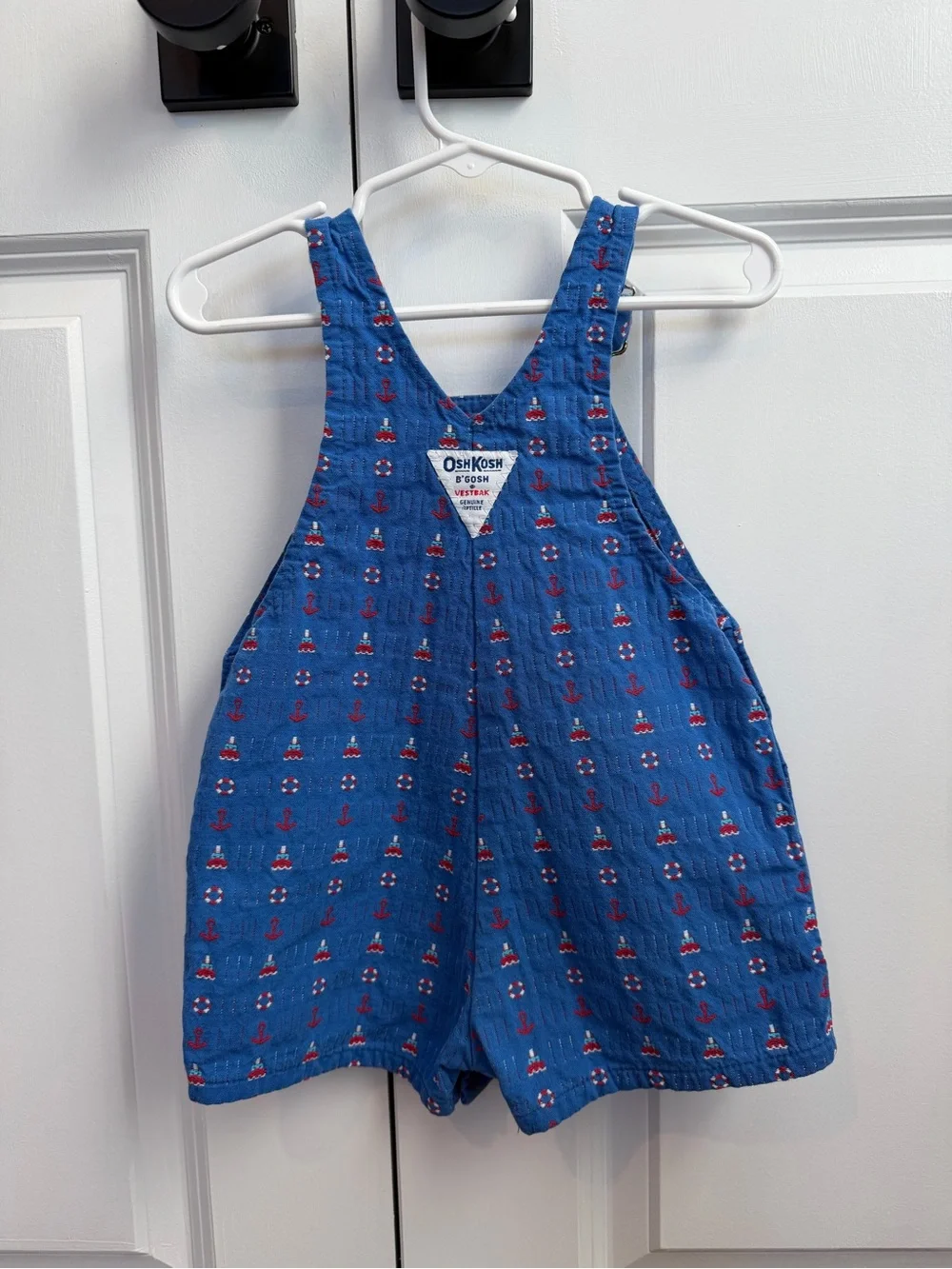 Vintage OshKosh B’Gosh Vestbak Blue Nautical Print Shortall Overalls Size 24 Mo